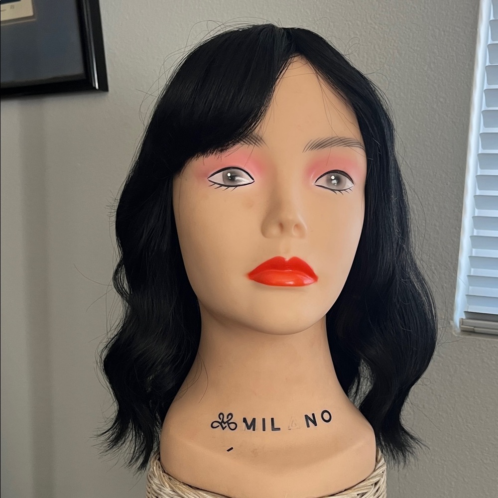 New 14in Jet Black Wavy Wig with bangs. Basic wig cap.